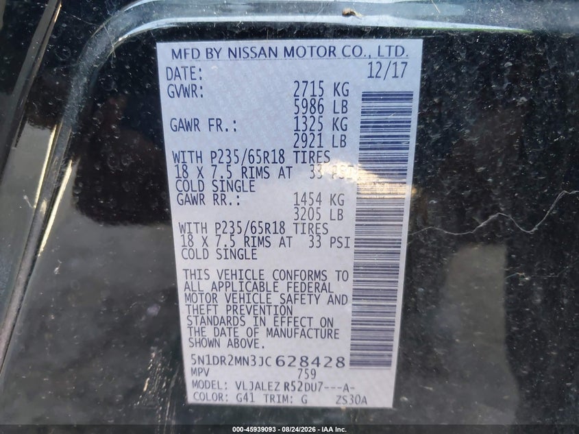NISSAN PATHFINDER 2018 VIN 5N1DR2MN3JC628428