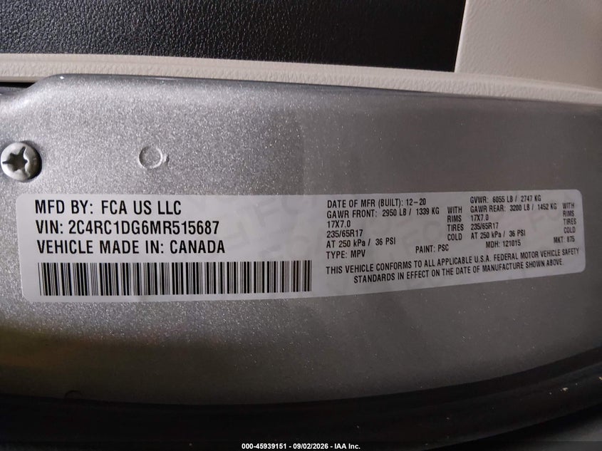 CHRYSLER VOYAGER 2021 VIN 2C4RC1DG6MR515687
