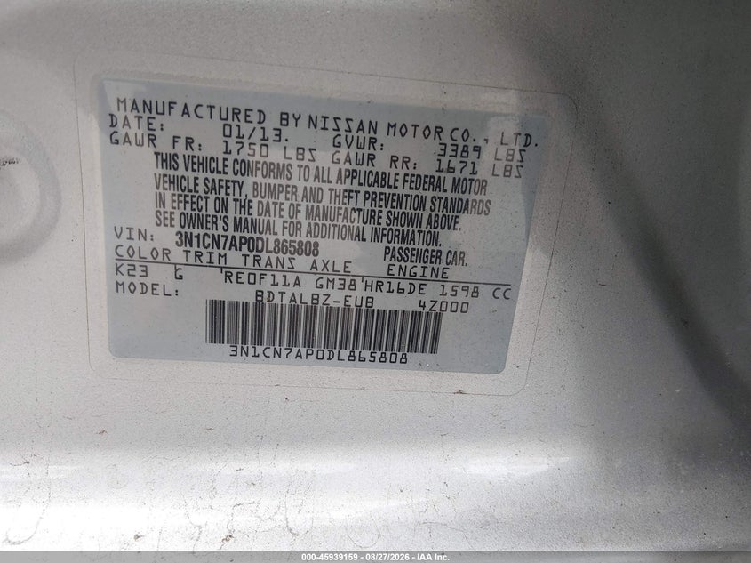 NISSAN VERSA 2013 VIN 3N1CN7AP0DL865808