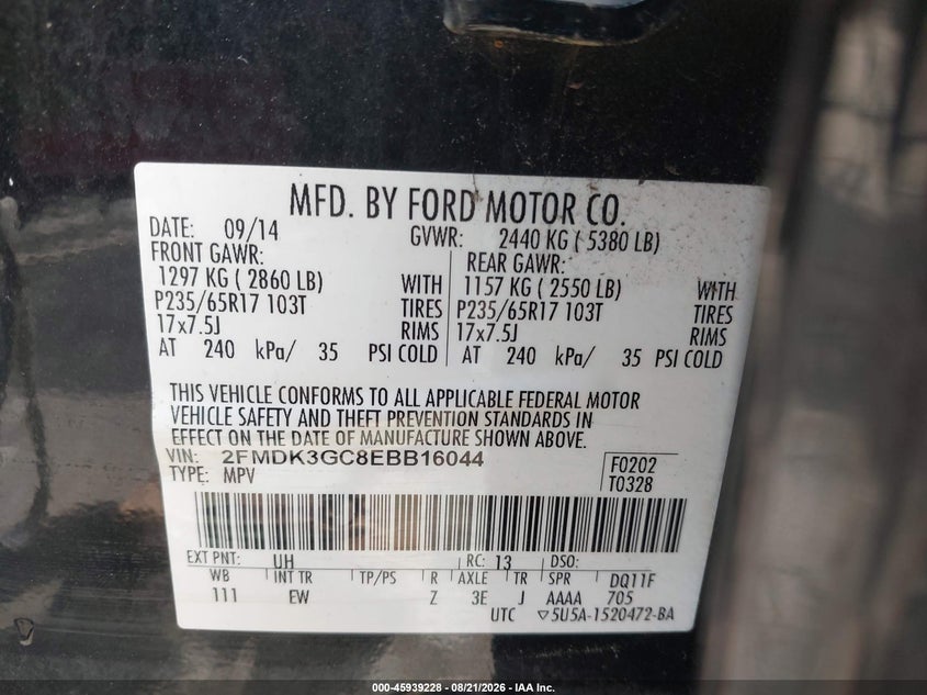 FORD EDGE 2014 VIN 2FMDK3GC8EBB16044
