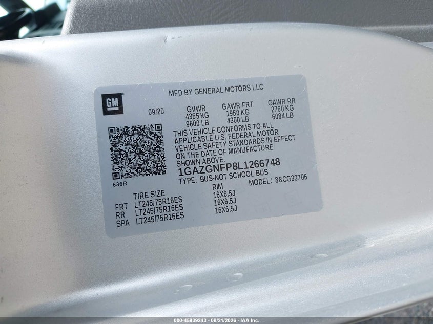 CHEVROLET EXPRESS PASSENGER 2020 VIN 1GAZGNFP8L1266748