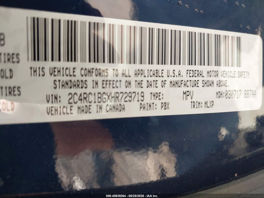 CHRYSLER PACIFICA 2017 VIN 2C4RC1BGXHR729719