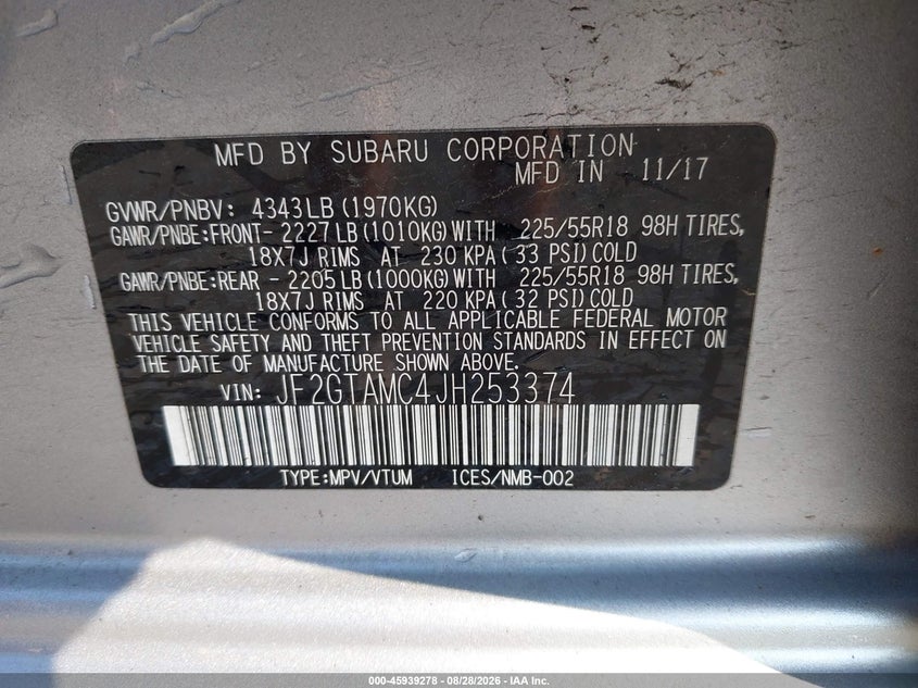 SUBARU CROSSTREK 2018 VIN JF2GTAMC4JH253374