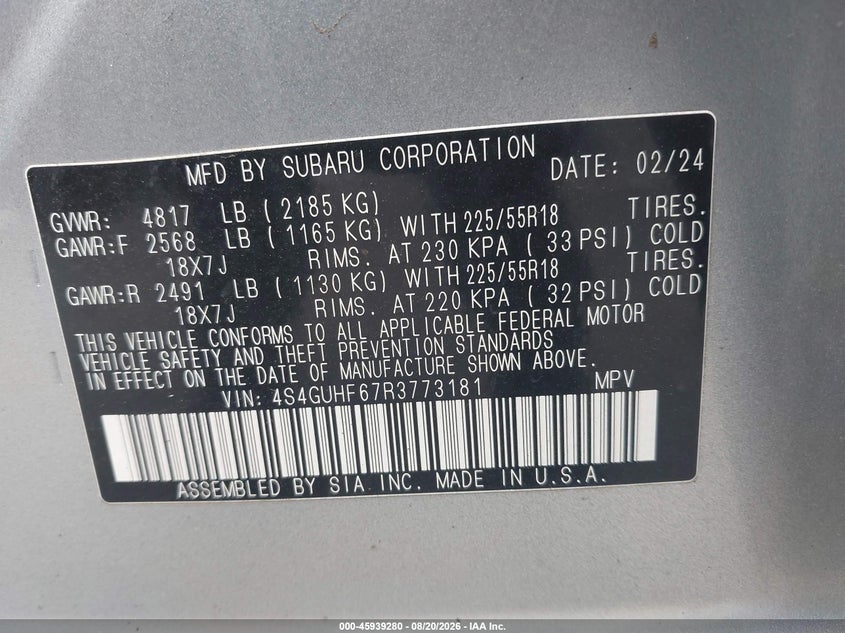 SUBARU CROSSTREK 2024 VIN 4S4GUHF67R3773181