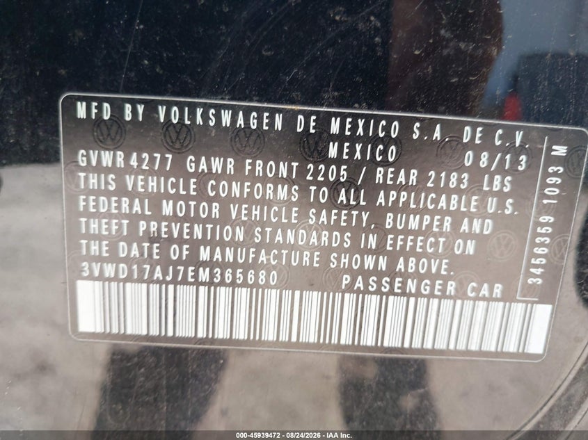 VOLKSWAGEN JETTA 2014 VIN 3VWD17AJ7EM365680