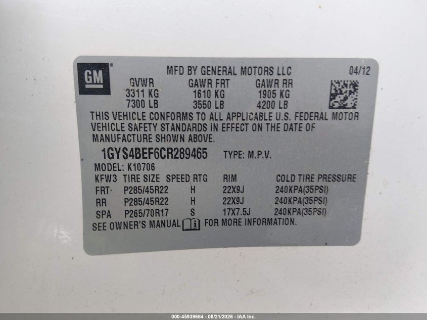 CADILLAC ESCALADE 2012 VIN 1GYS4BEF6CR289465