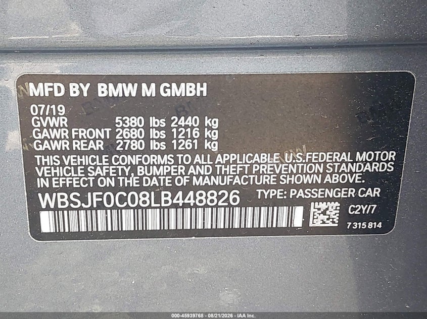 BMW M5 2020 VIN WBSJF0C08LB448826