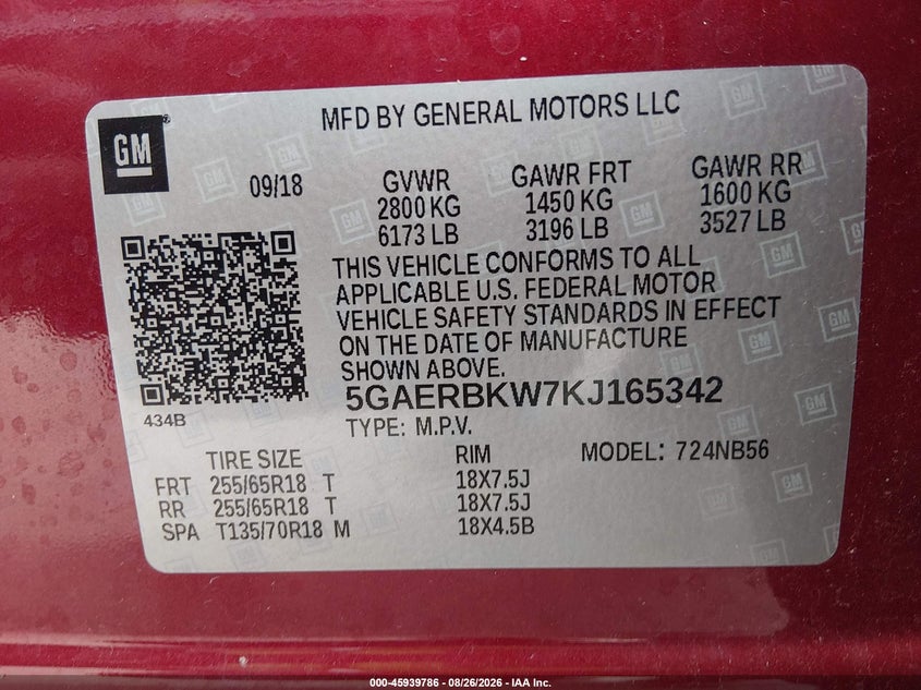 BUICK ENCLAVE 2019 VIN 5GAERBKW7KJ165342
