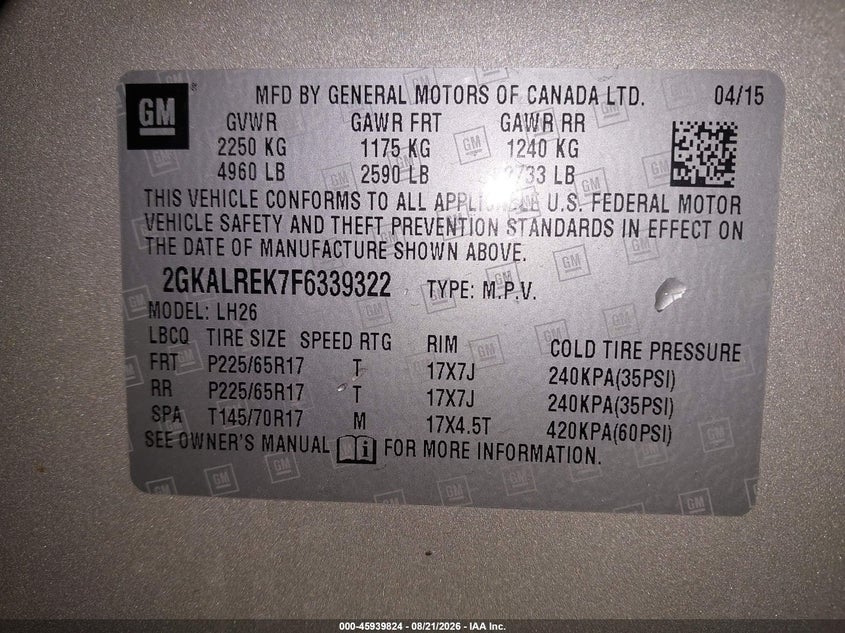 2015 GMC TERRAIN SPORT UTILITY VEHICLE 2.4L I-4 DI, DOHC, VVT, 182HP