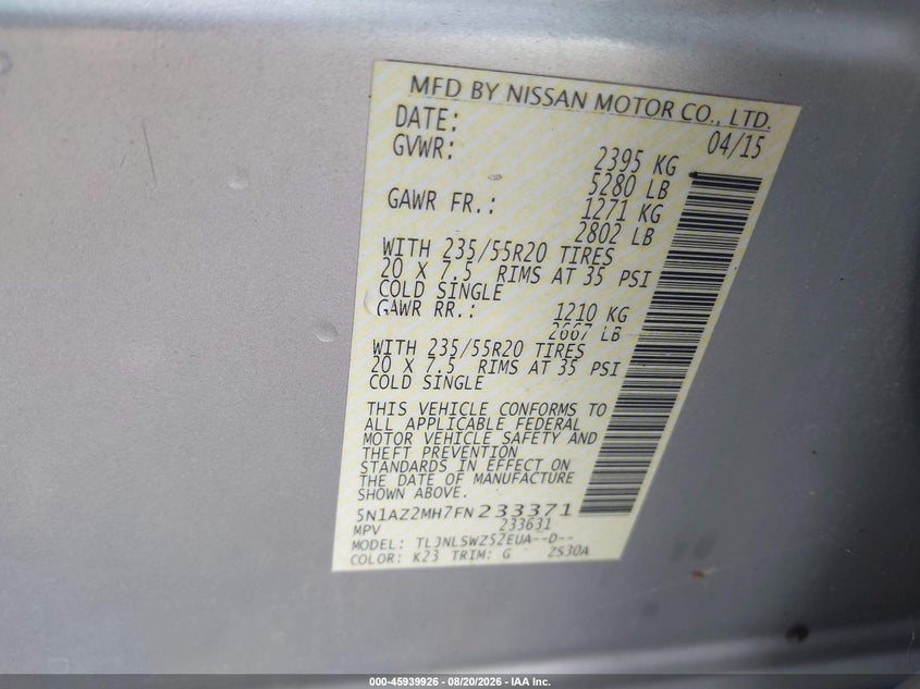 NISSAN MURANO 2015 VIN 5N1AZ2MH7FN233371