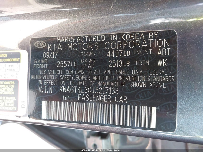 KIA OPTIMA 2018 VIN KNAGT4L30J5217133