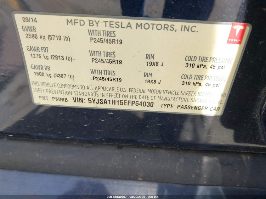 TESLA MODEL S 2014 VIN 5YJSA1H15EFP54030
