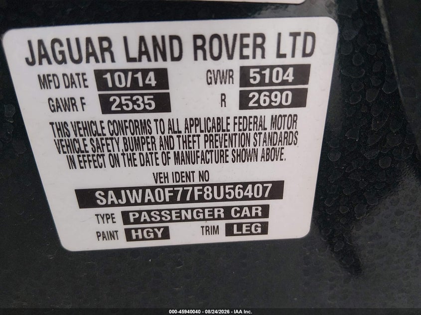 JAGUAR XF 2015 VIN SAJWA0F77F8U56407