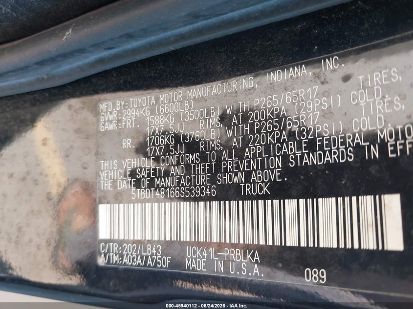 TOYOTA TUNDRA 2006 VIN 5TBDT48166S539346