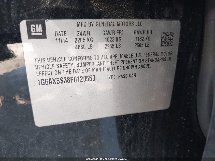 CADILLAC CTS 2015 VIN 1G6AX5S38F0120550