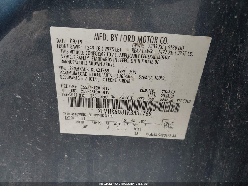 2019 FORD FLEX SPORT UTILITY VEHICLE 3.5L V-6 DOHC, VVT, 287HP