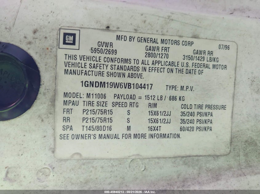 CHEVROLET ASTRO PASSENGER 1997 VIN 1GNDM19W6VB104417