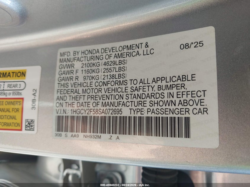 HONDA ACCORD HYBRID 2025 VIN 1HGCY2F58SA072695