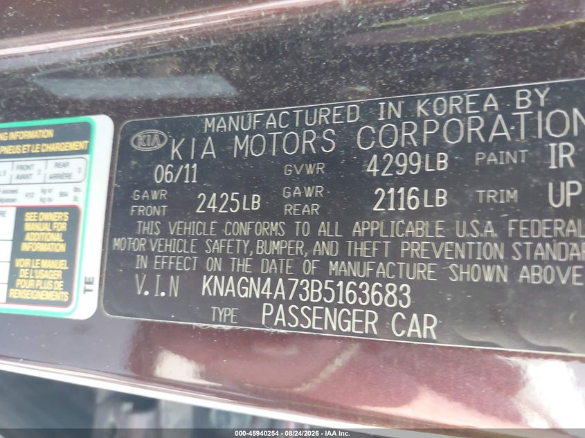 2011 KIA OPTIMA SEDAN 2.4L I-4 DI, DOHC, VVT, 200HP