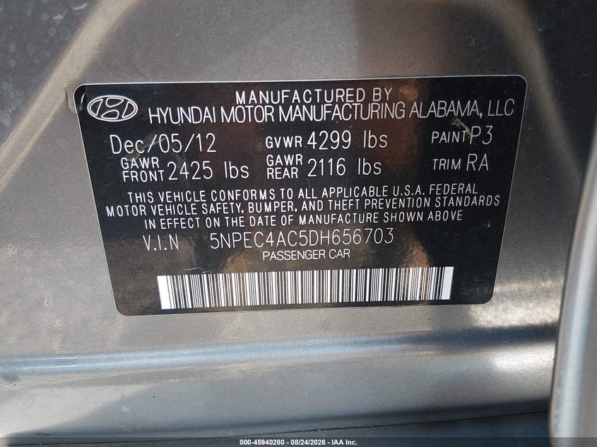 HYUNDAI SONATA 2013 VIN 5NPEC4AC5DH656703