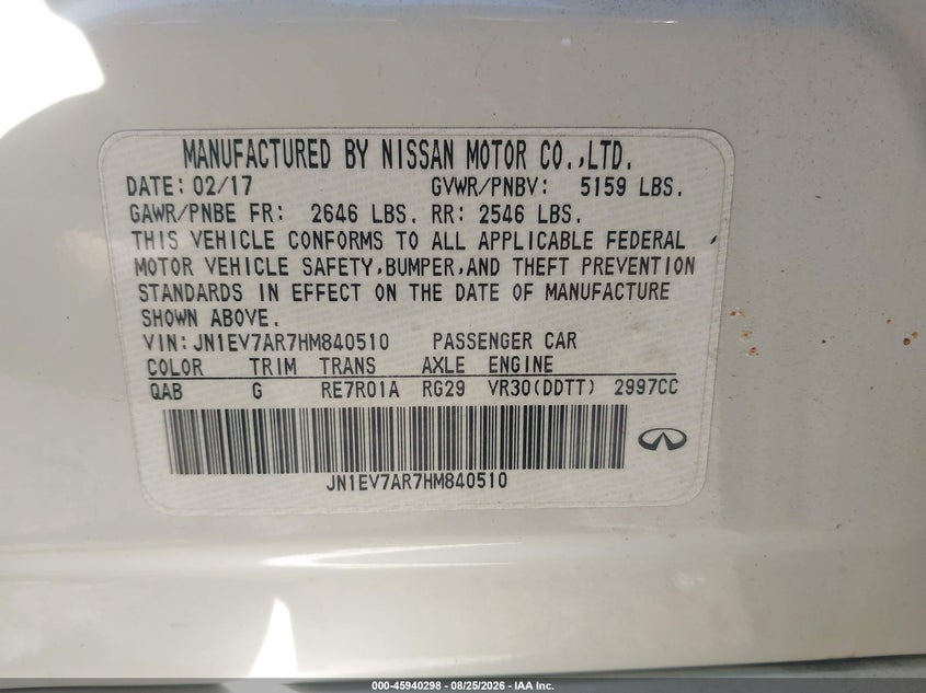 INFINITI Q50 2017 VIN JN1EV7AR7HM840510