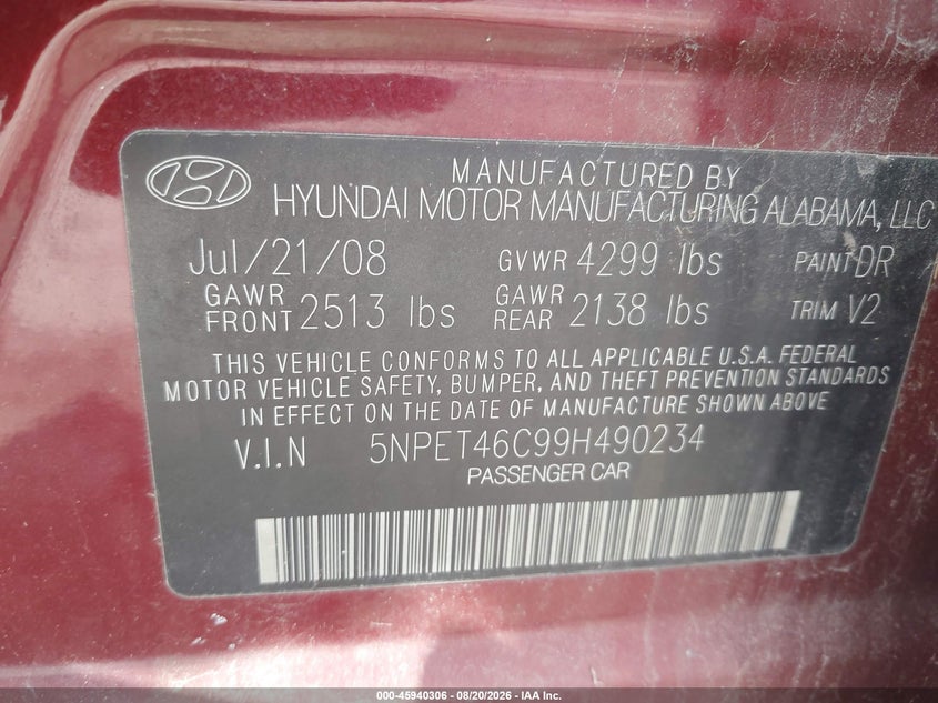 HYUNDAI SONATA 2009 VIN 5NPET46C99H490234