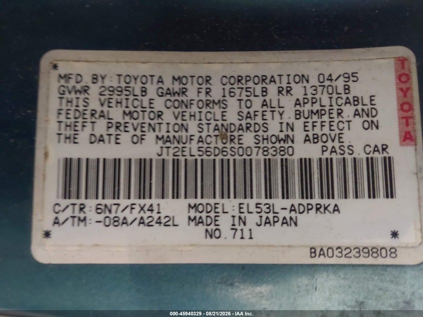 1995 TOYOTA TERCEL COUPE 1.5L I4 FI F