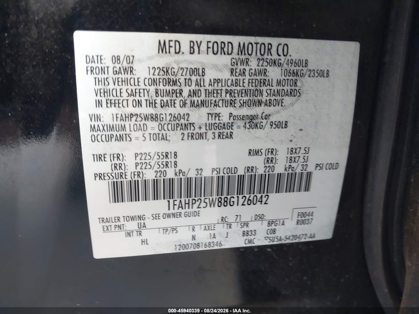 FORD TAURUS 2008 VIN 1FAHP25W88G126042