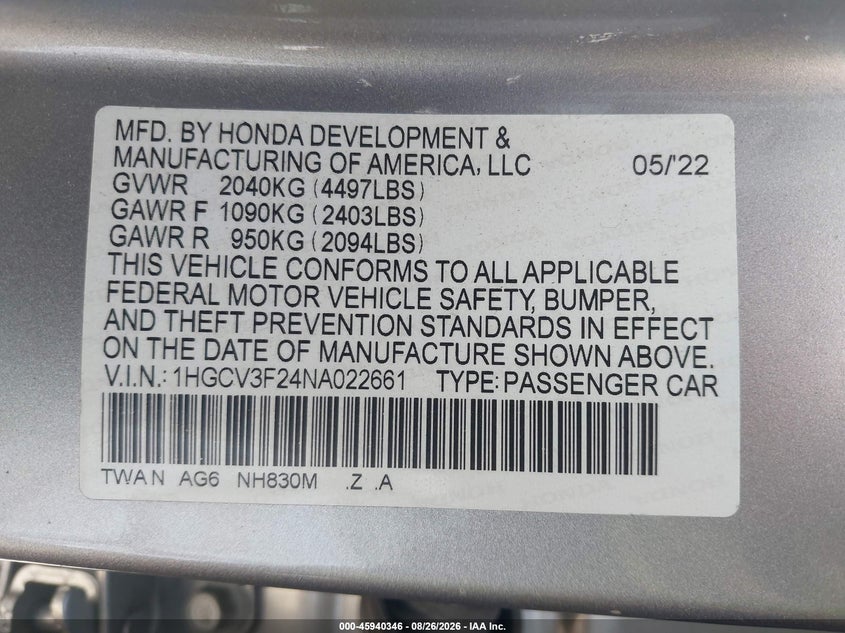 HONDA ACCORD HYBRID 2022 VIN 1HGCV3F24NA022661