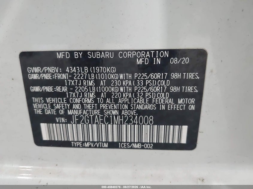 SUBARU CROSSTREK 2021 VIN JF2GTAEC1MH234008