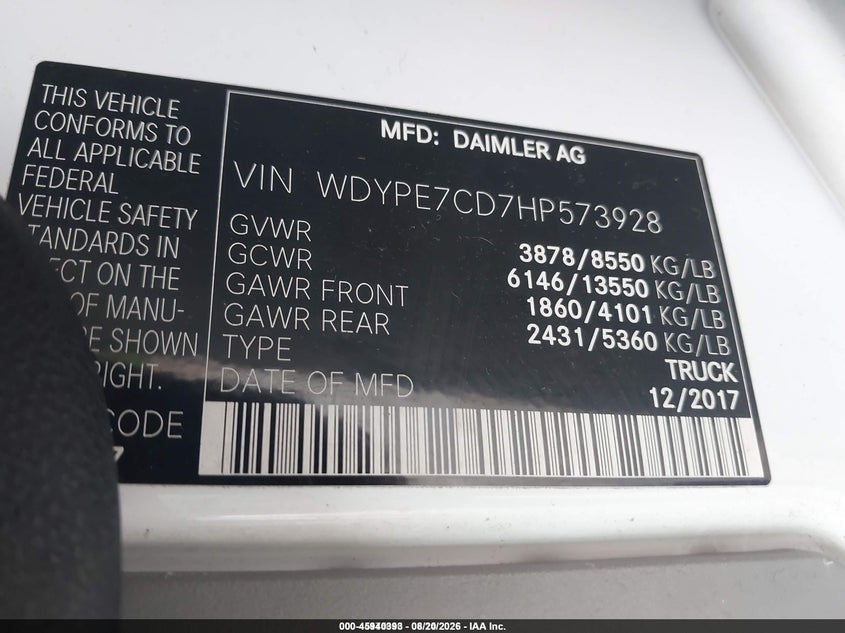 FREIGHTLINER SPRINTER 2500 2017 VIN WDYPE7CD7HP573928