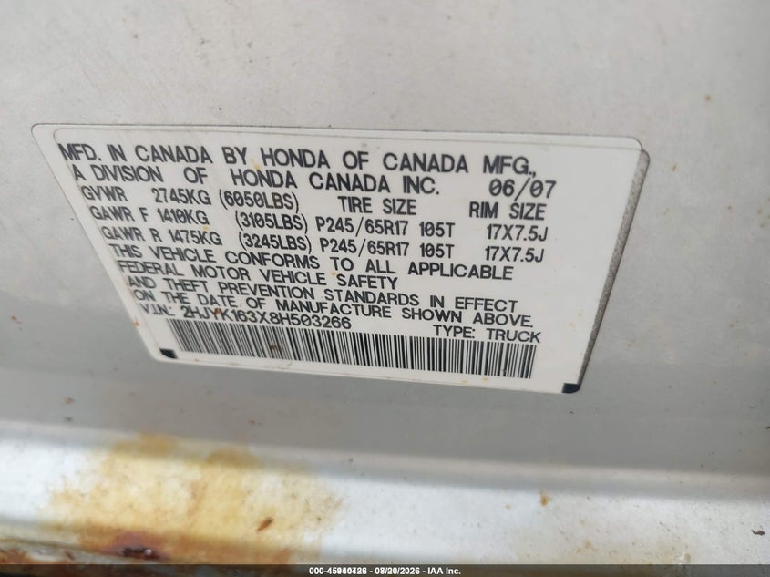 HONDA RIDGELINE 2008 VIN 2HJYK163X8H503266