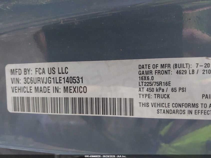 RAM PROMASTER 3500 2020 VIN 3C6URVJG1LE140531