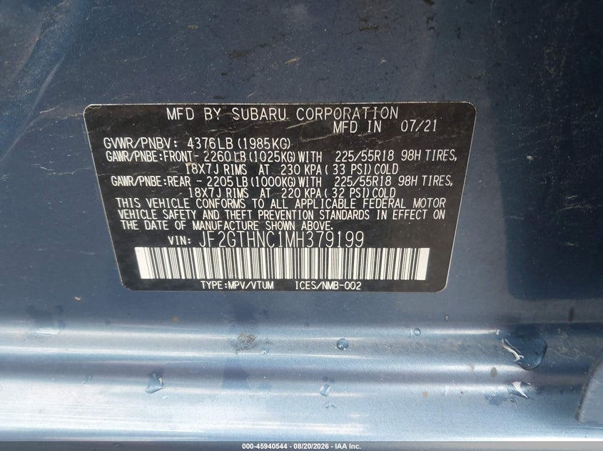SUBARU CROSSTREK 2021 VIN JF2GTHNC1MH379199