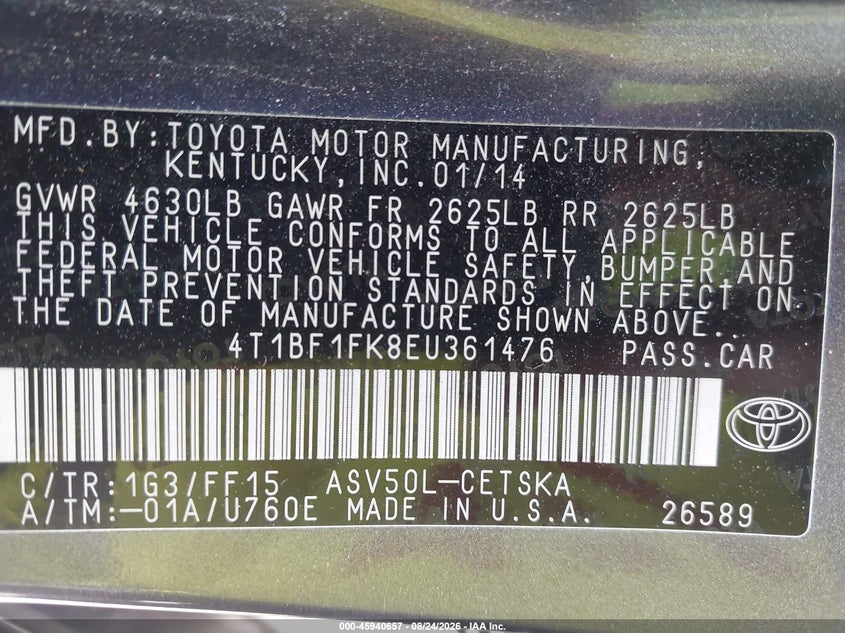 2014 TOYOTA CAMRY SEDAN 2.5L I-4 DOHC, VVT, 178HP