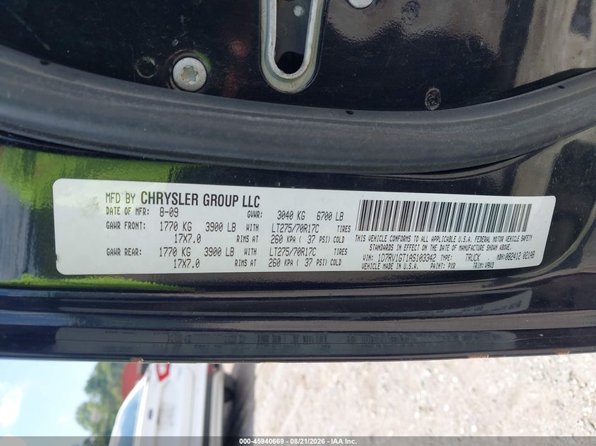 DODGE RAM 1500 2010 VIN 1D7RV1GT1AS103342