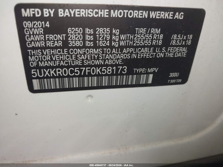 BMW X5 2015 VIN 5UXKR0C57F0K58173