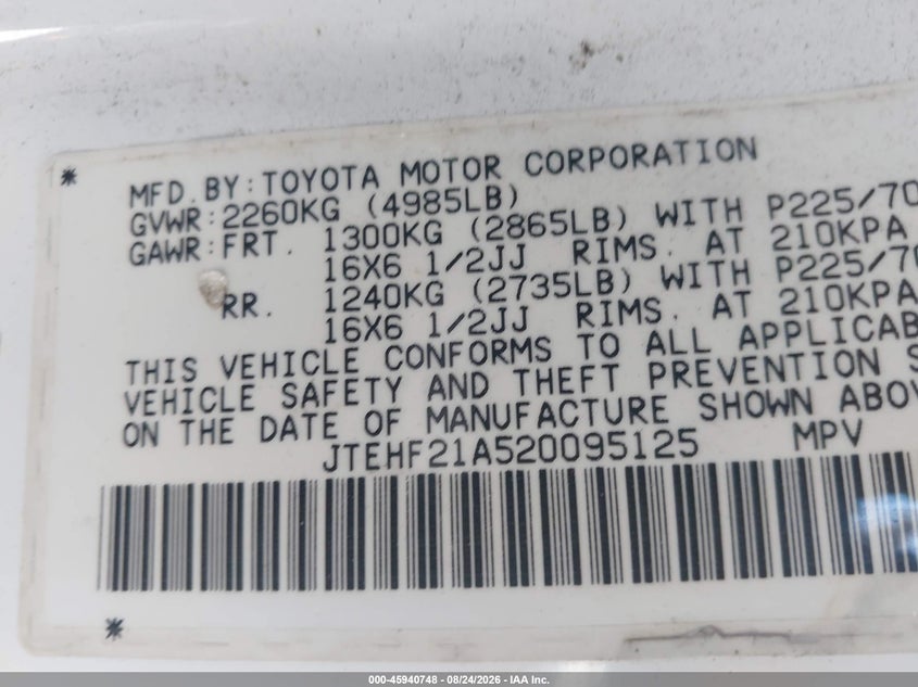 2002 TOYOTA HIGHLANDER SPORT UTILITY VEHICLE 3.0L V-6 DOHC, VVT, 220HP