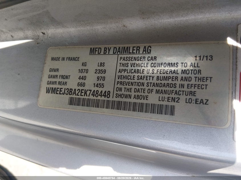SMART FORTWO 2014 VIN WMEEJ3BA2EK748448