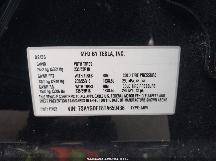 TESLA MODEL Y 2026 VIN 7SAYGDEE8TA650436