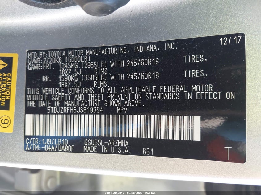 TOYOTA HIGHLANDER 2018 VIN 5TDJZRFH6JS819394