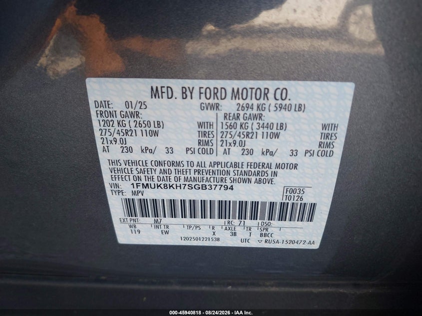 FORD EXPLORER 2025 VIN 1FMUK8KH7SGB37794