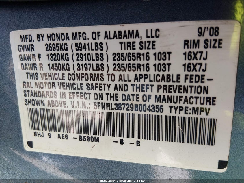 HONDA ODYSSEY 2009 VIN 5FNRL38729B004356