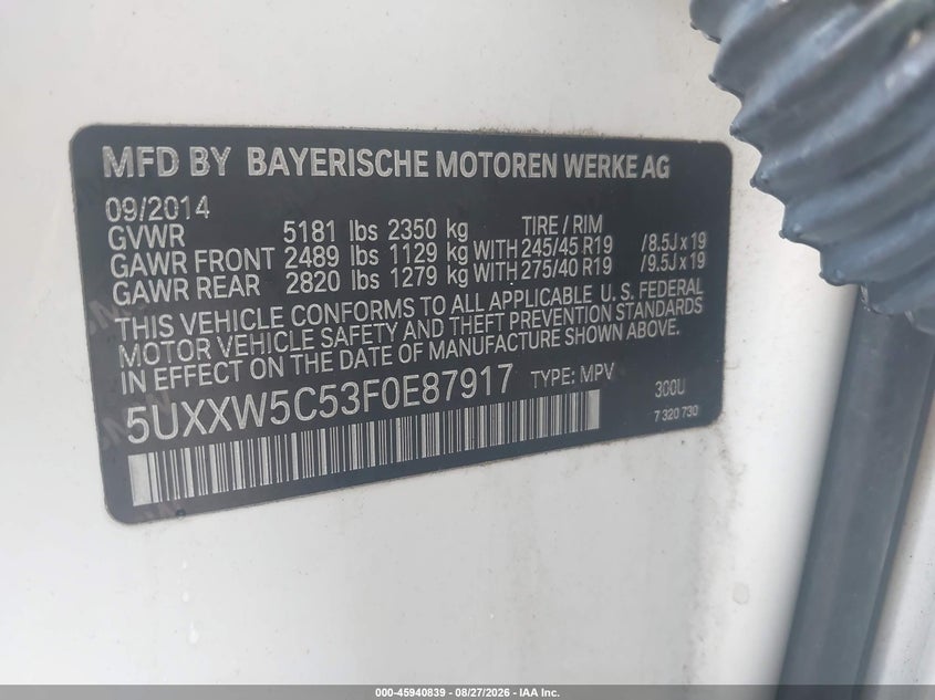 BMW X4 2015 VIN 5UXXW5C53F0E87917