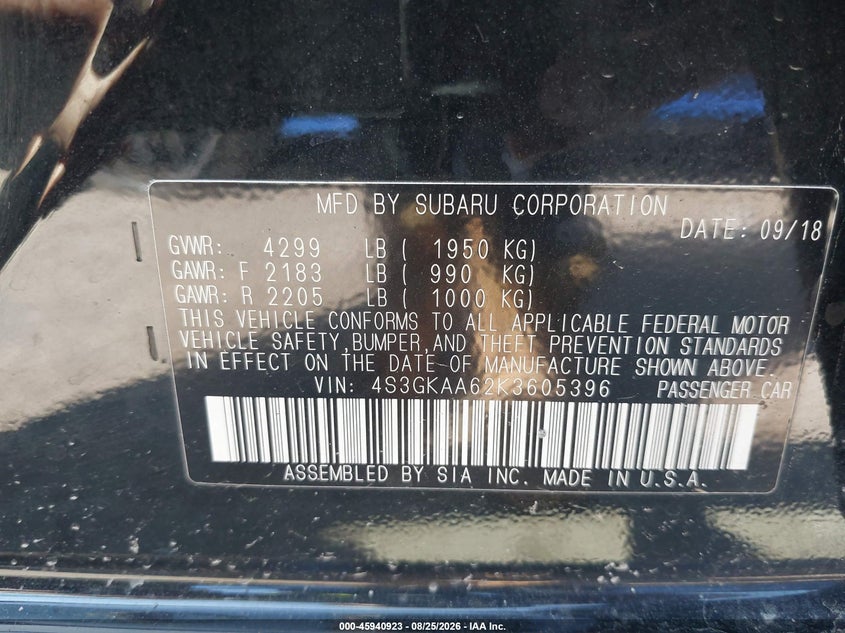 SUBARU IMPREZA 2019 VIN 4S3GKAA62K3605396