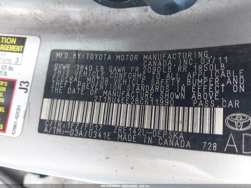 2011 TOYOTA COROLLA SEDAN 1.8L I-4 DOHC, VVT, 132HP