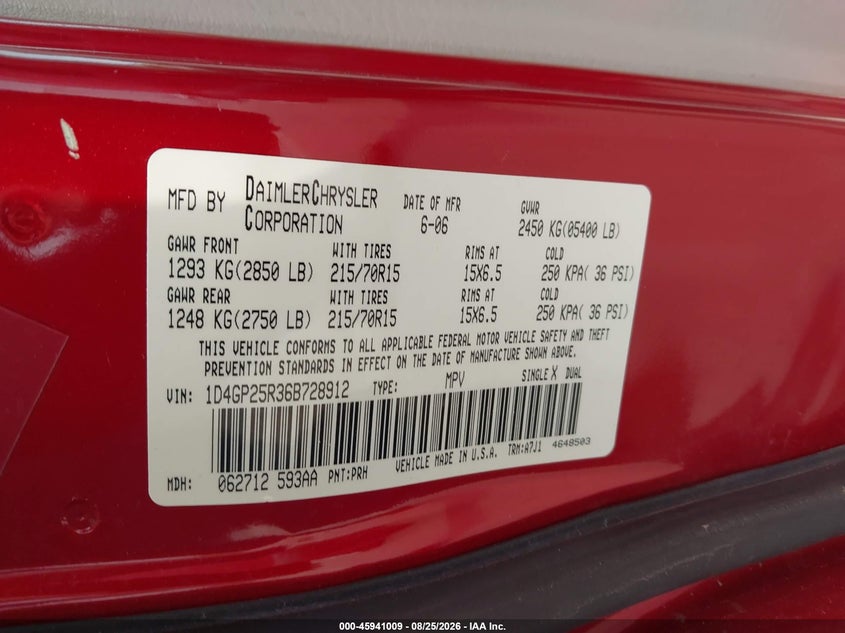 DODGE CARAVAN 2006 VIN 1D4GP25R36B728912