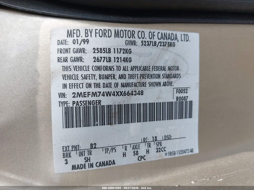 MERCURY GRAND MARQUIS 1999 VIN 2MEFM74W4XX664348