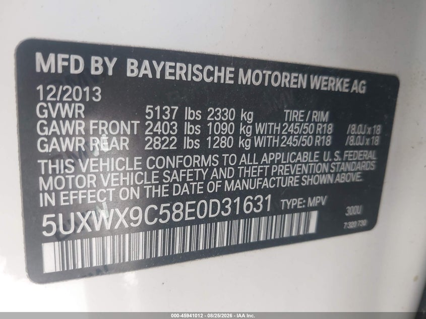 BMW X3 2014 VIN 5UXWX9C58E0D31631