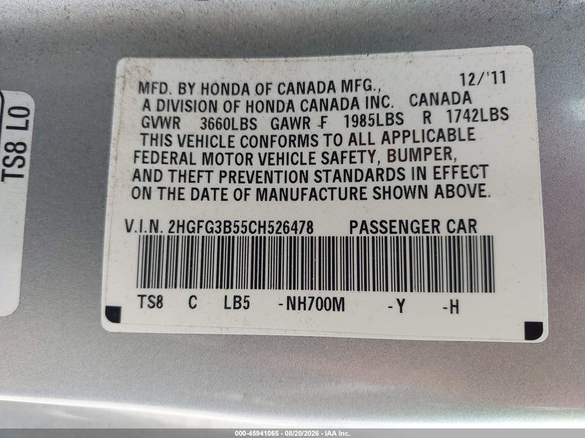 2012 HONDA CIVIC COUPE 1.8L I-4 VVT, 140HP